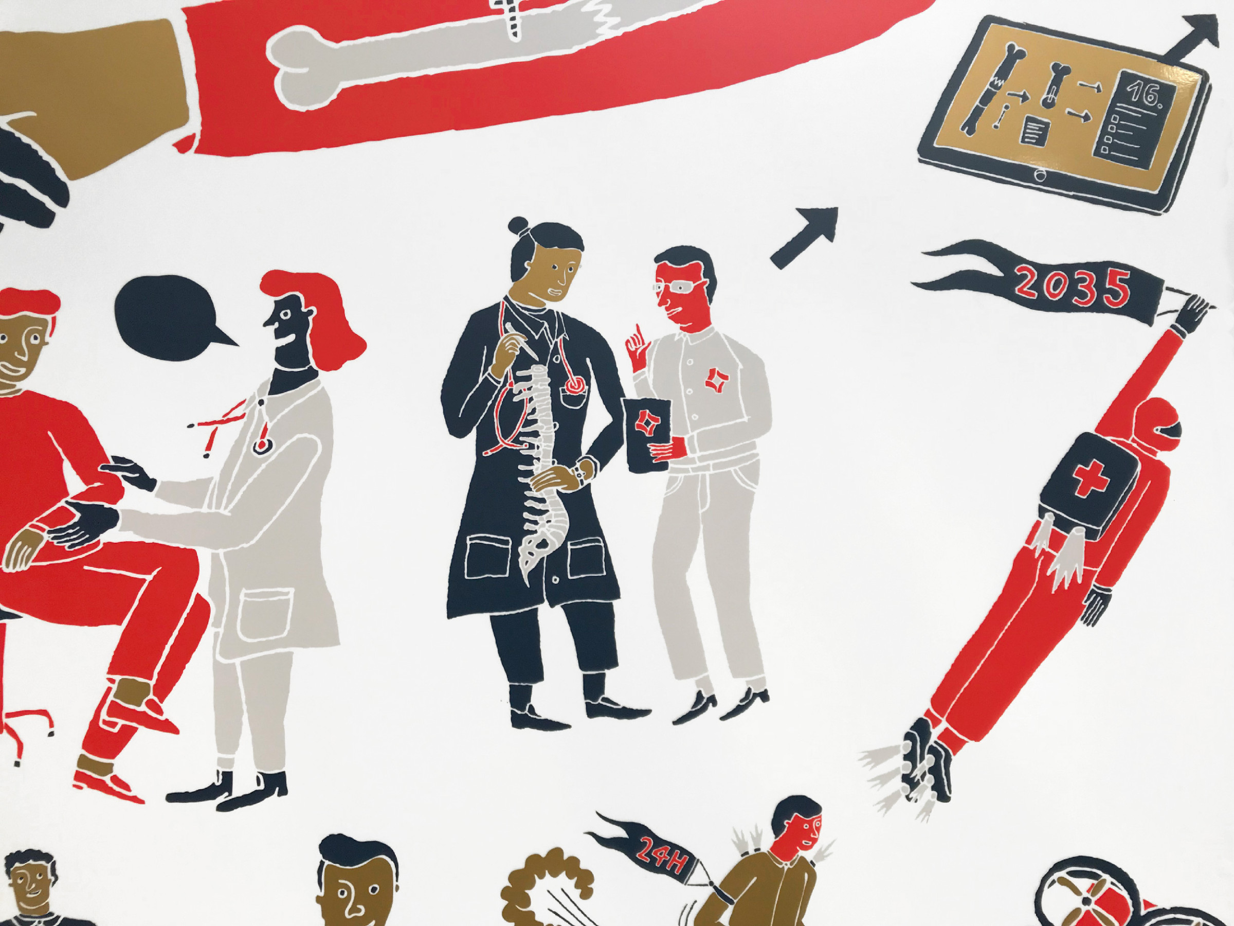 Ausschnitt aus dem illustratives Wandbild mit der Firmengeschichte DePuy Synthes (Johnson & Johnson)