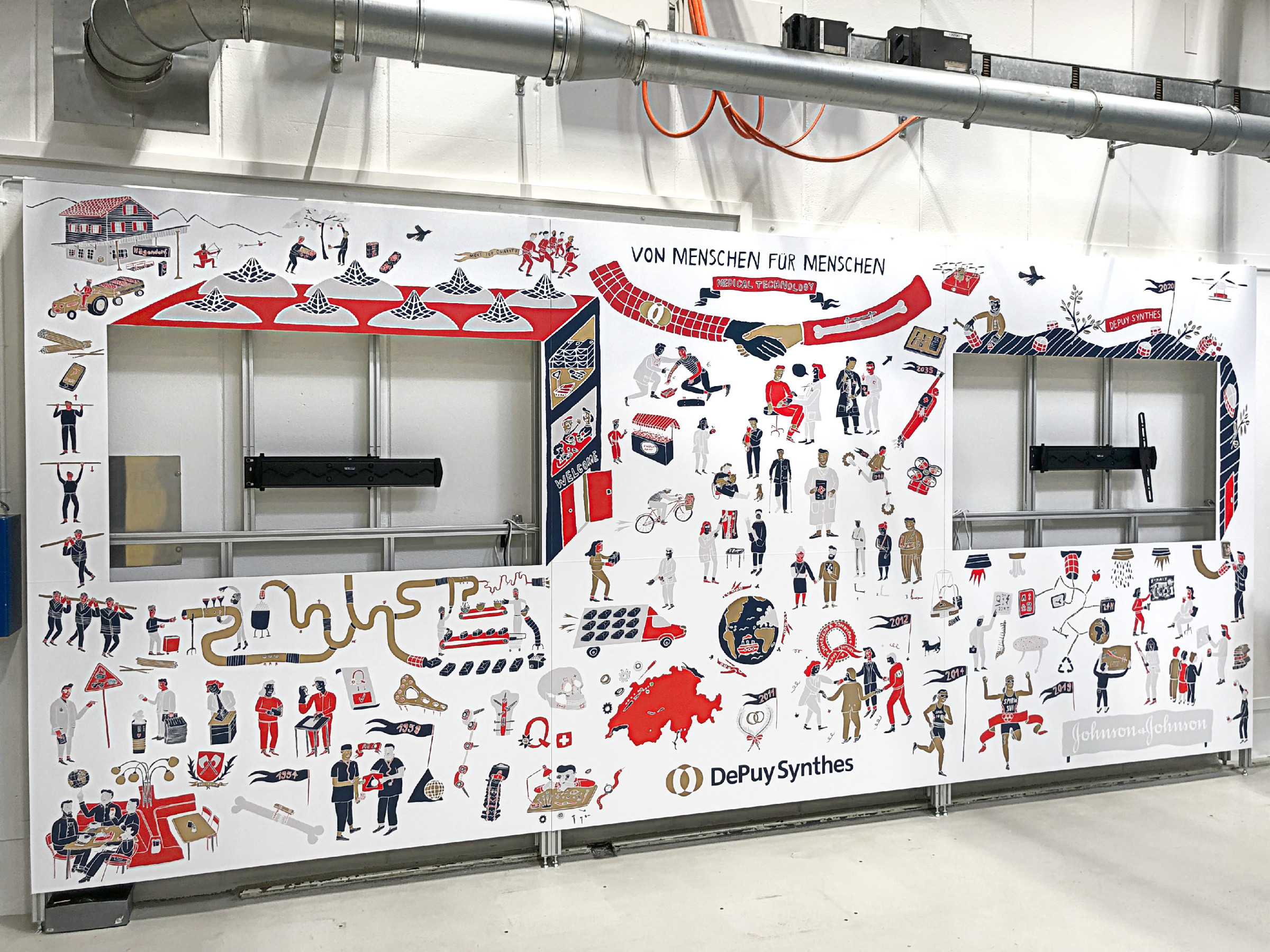 Illustratives Wandbild in der Produktionshalle von DePuy Synthes in Hägendorf